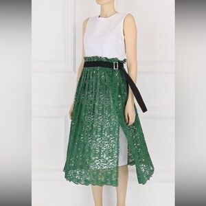 GORGEOUS ERIKA CAVALLINI‎ WHITE DRESS W/ GREEN LACE OVERLAY - MADE IN ITALY -EUC